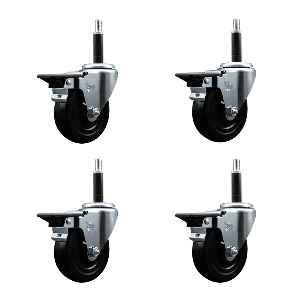 Soft Rubber Swivel Expanding Stem Caster Set of 4 with 4 Inch Black Wheels and 3/4" Stems - Includes 4 Swivel with Posi Locking Brakes - 200 lbs. Capacity Per Caster - Service Caster Brand — photo 1
