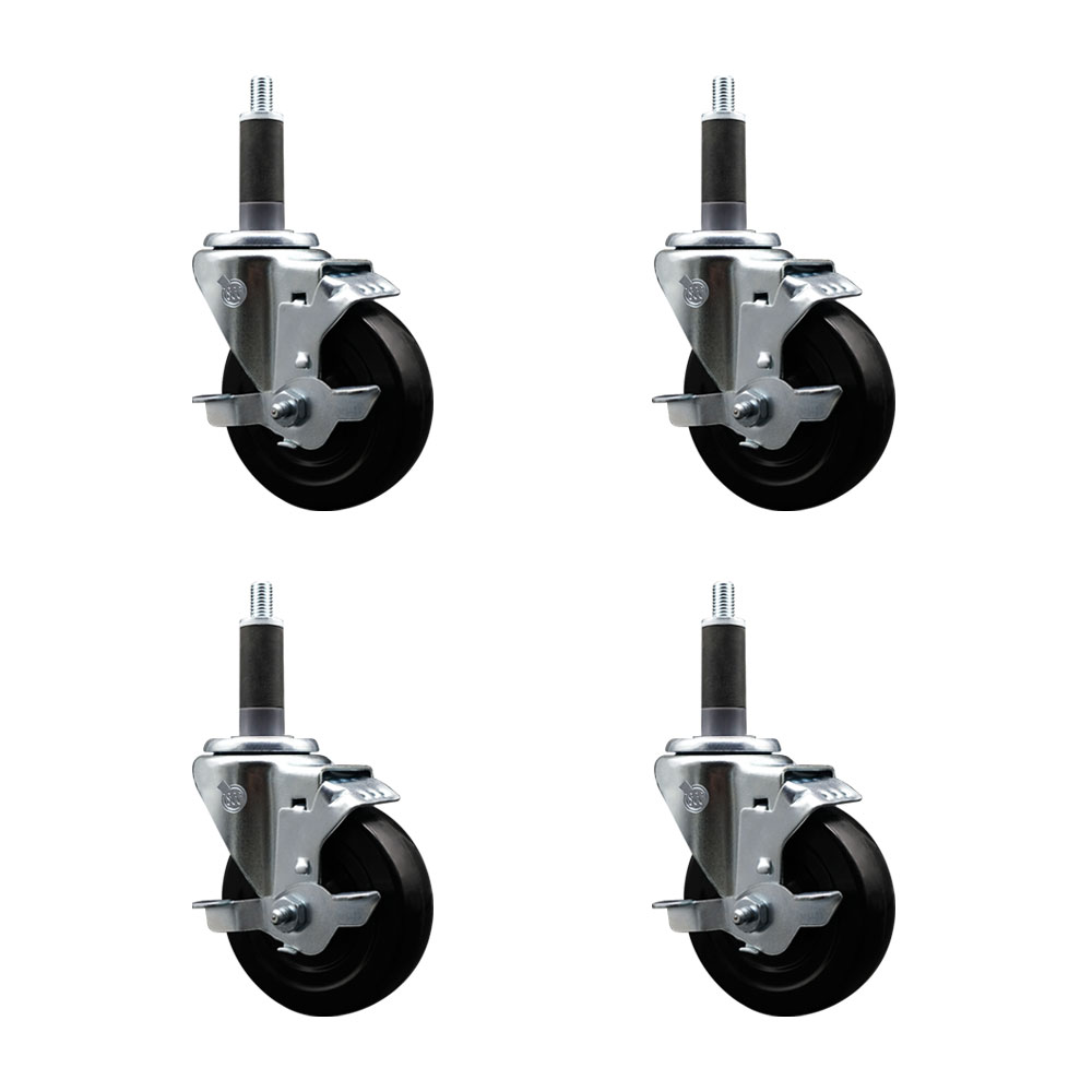 Stainless Steel Soft Rubber Swivel Expanding Stem Caster Set of 4 with 4 Inch Black Wheels and 1" Stems - 4 Swivel with Top Locking Brakes - 200 lbs. Capacity Per Caster - Service Caster Brand — photo 1