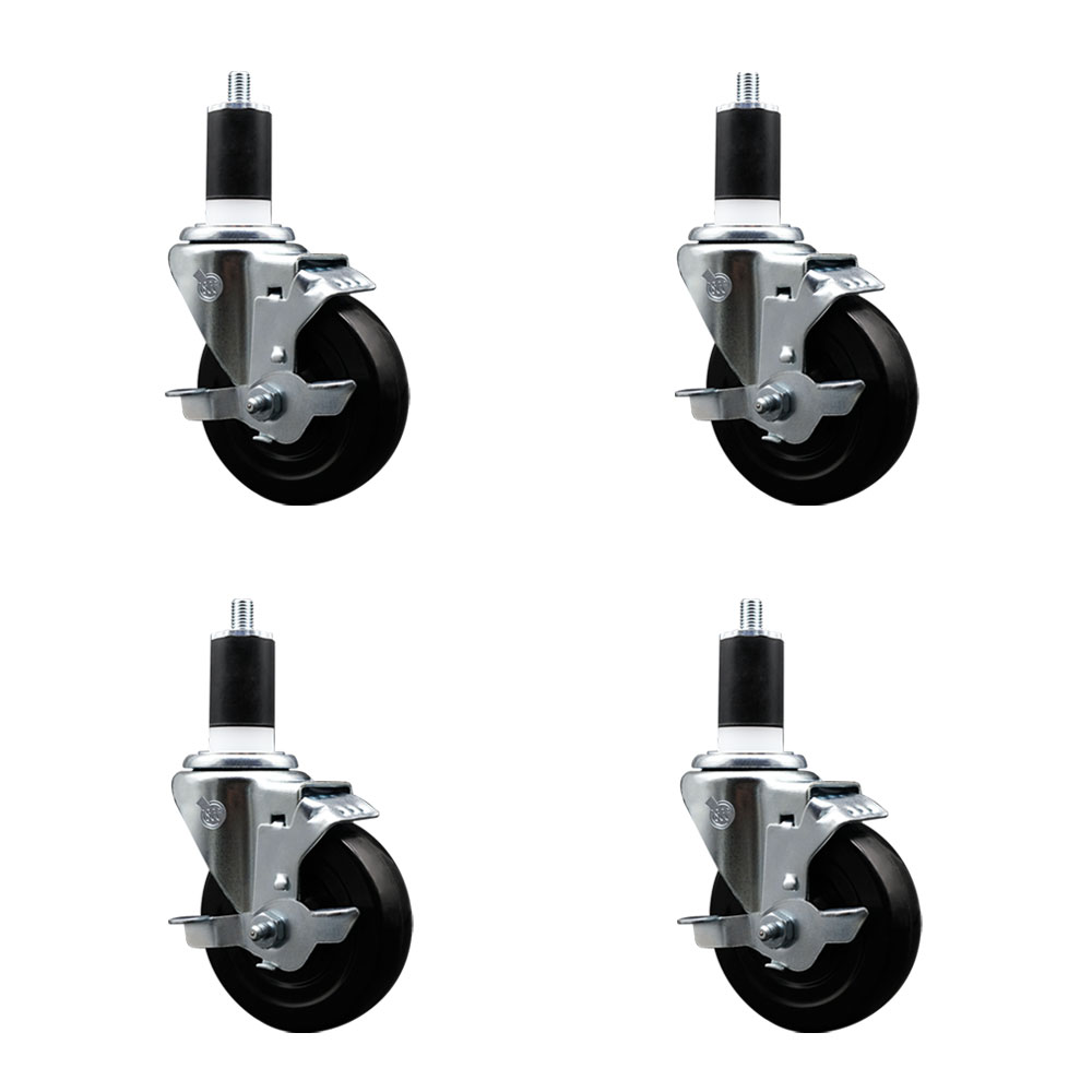 Stainless Steel Hard Rubber Swivel Expanding Stem Caster Set of 4 w/4" x 1.25" Black Wheels and 1-1/2" Stems - Includes 4 with Top Lock Brakes - 1200 lbs Total Capacity - Service Caster Brand — photo 1