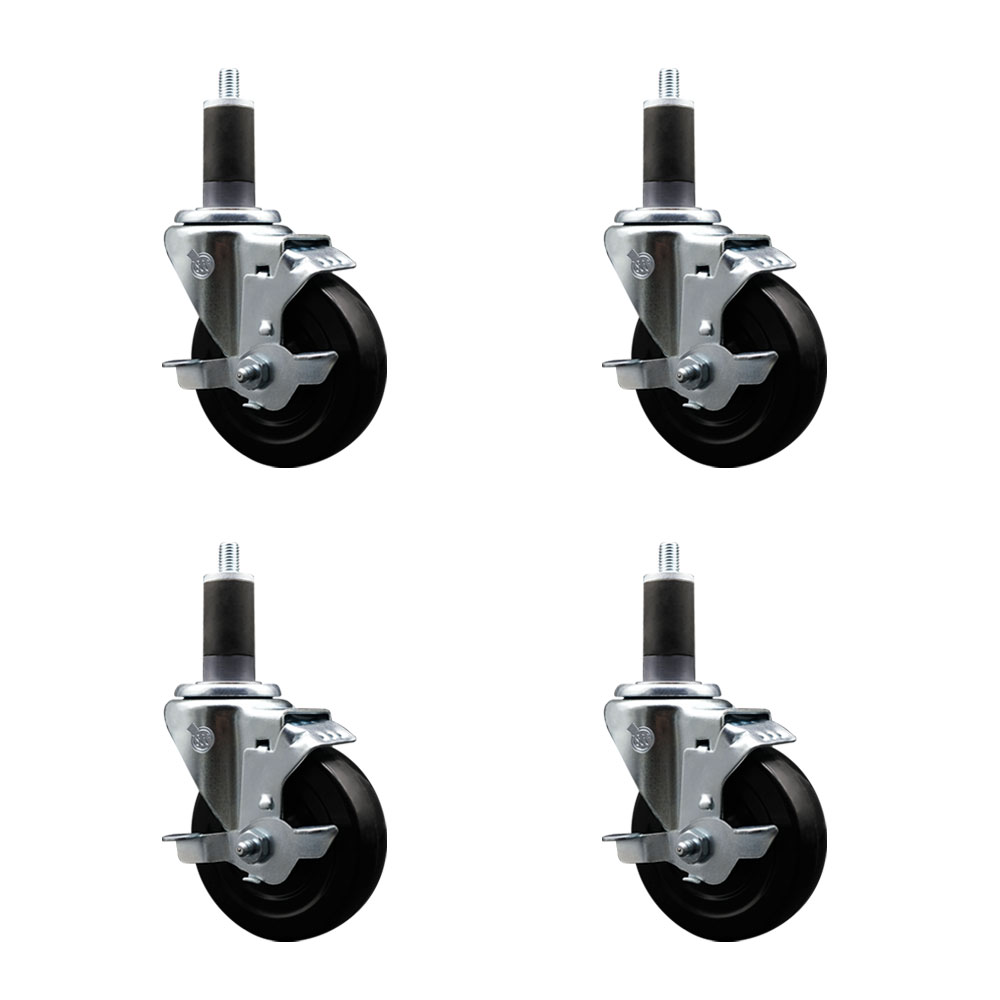 Stainless Steel Soft Rubber Swivel Expanding Stem Caster Set of 4 with 4 Inch Black Wheels and 1-1/4" Stems - 4 Swivel with Top Locking Brakes - 200 lbs. Capacity Per Caster - Service Caster Brand — photo 1