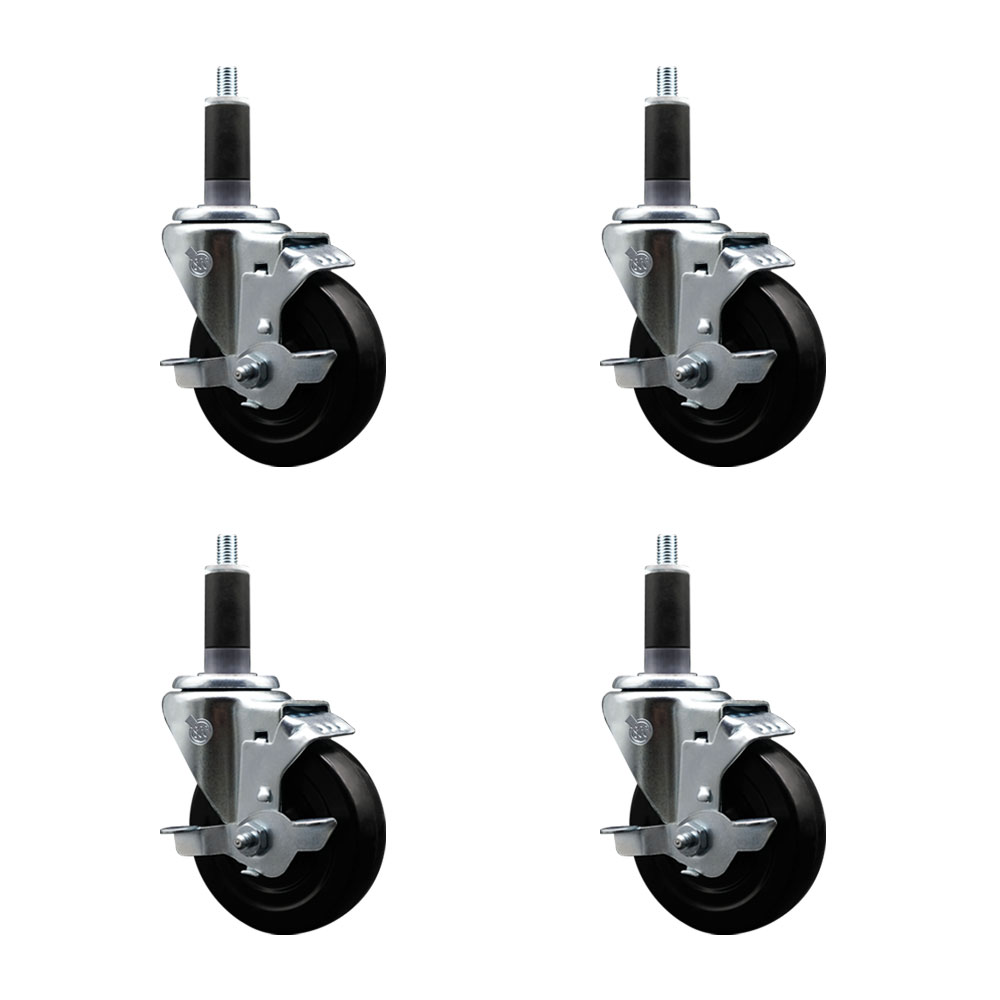 Soft Rubber Swivel Expanding Stem Caster Set of 4 with 4 Inch Black Wheels and 1-1/8" Stems - Includes 4 Swivel with Top Locking Brakes - 200 lbs. Capacity Per Caster - Service Caster Brand — photo 1