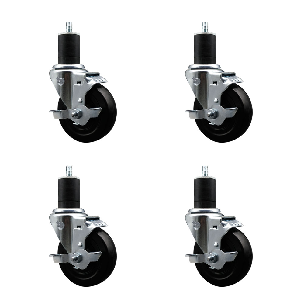 Hard Rubber Swivel Expanding Stem Caster Set of 4 w/4" x 1.25" Black Wheels and 1-3/4" Stems - Includes 4 with Top Lock Brakes - 1200 lbs Total Capacity - Service Caster Brand — photo 1