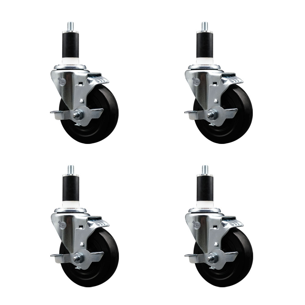 Hard Rubber Swivel Expanding Stem Caster Set of 4 w/4" x 1.25" Black Wheels and 1-3/8" Stems - Includes 4 with Top Lock Brakes - 1200 lbs Total Capacity - Service Caster Brand — photo 1