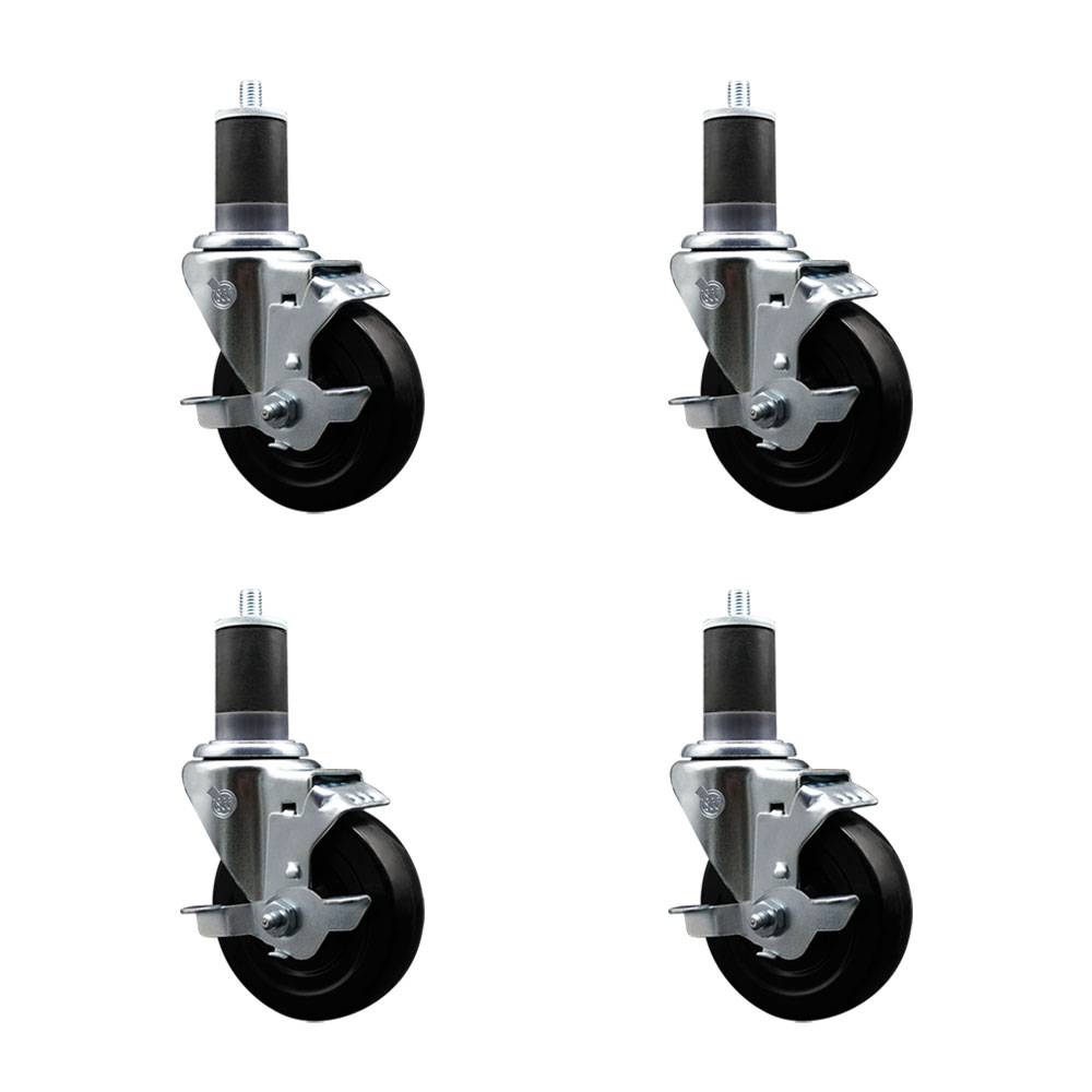 Stainless Steel Soft Rubber Swivel Expanding Stem Caster Set of 4 with 4 Inch Black Wheels and 1-5/8" Stems - 4 Swivel with Top Locking Brakes - 200 lbs. Capacity Per Caster - Service Caster Brand — photo 1