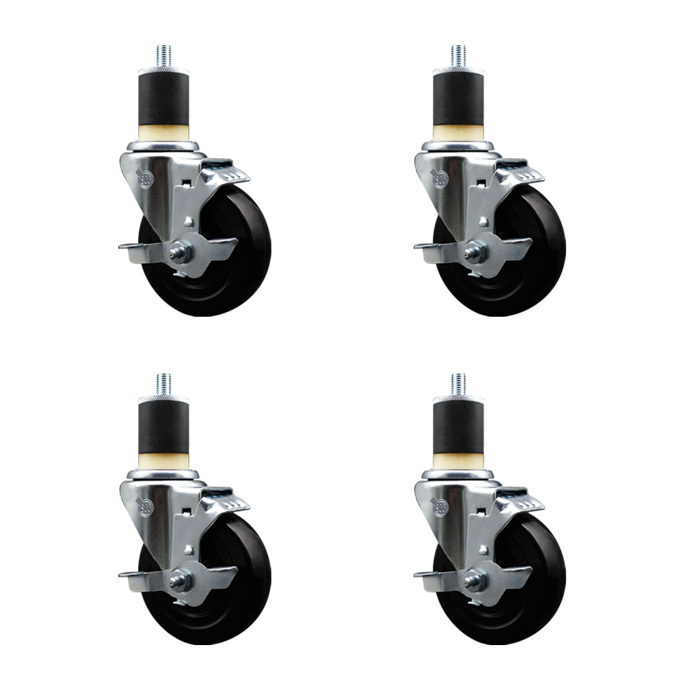 Stainless Steel Soft Rubber Swivel Expanding Stem Caster Set of 4 with 4 Inch Black Wheels and 1-7/8" Stems - 4 Swivel with Top Locking Brakes - 200 lbs. Capacity Per Caster - Service Caster Brand — photo 1