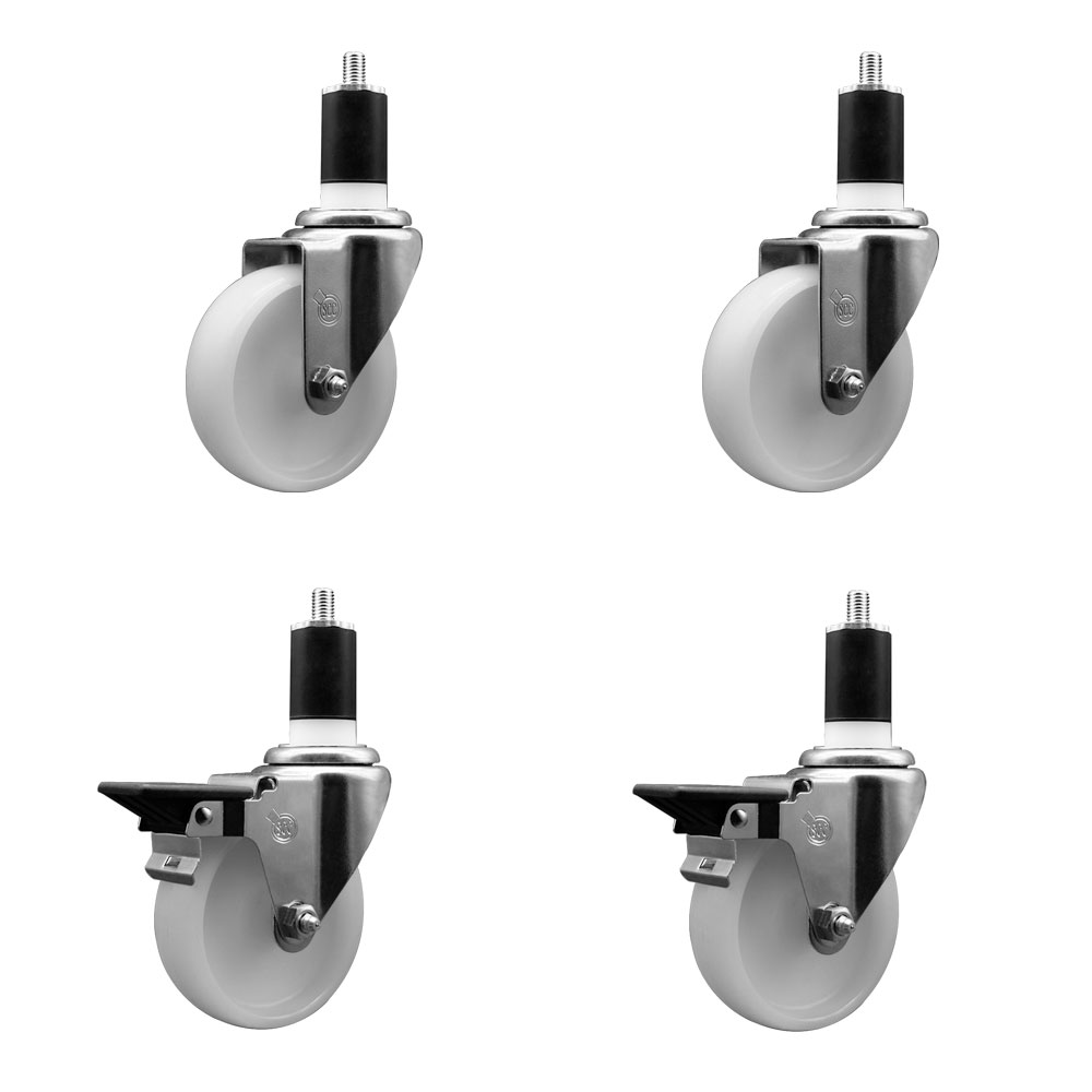 Nylon Swivel Expanding Stem Caster Set of 4 with 4 Inch White Wheel and 1-1/2" Stems  - Includes 2 Swivel with Posi Locking Brakes and 2 Swivel - 1200 lbs. Total Capacity - Service Caster Brand — photo 1