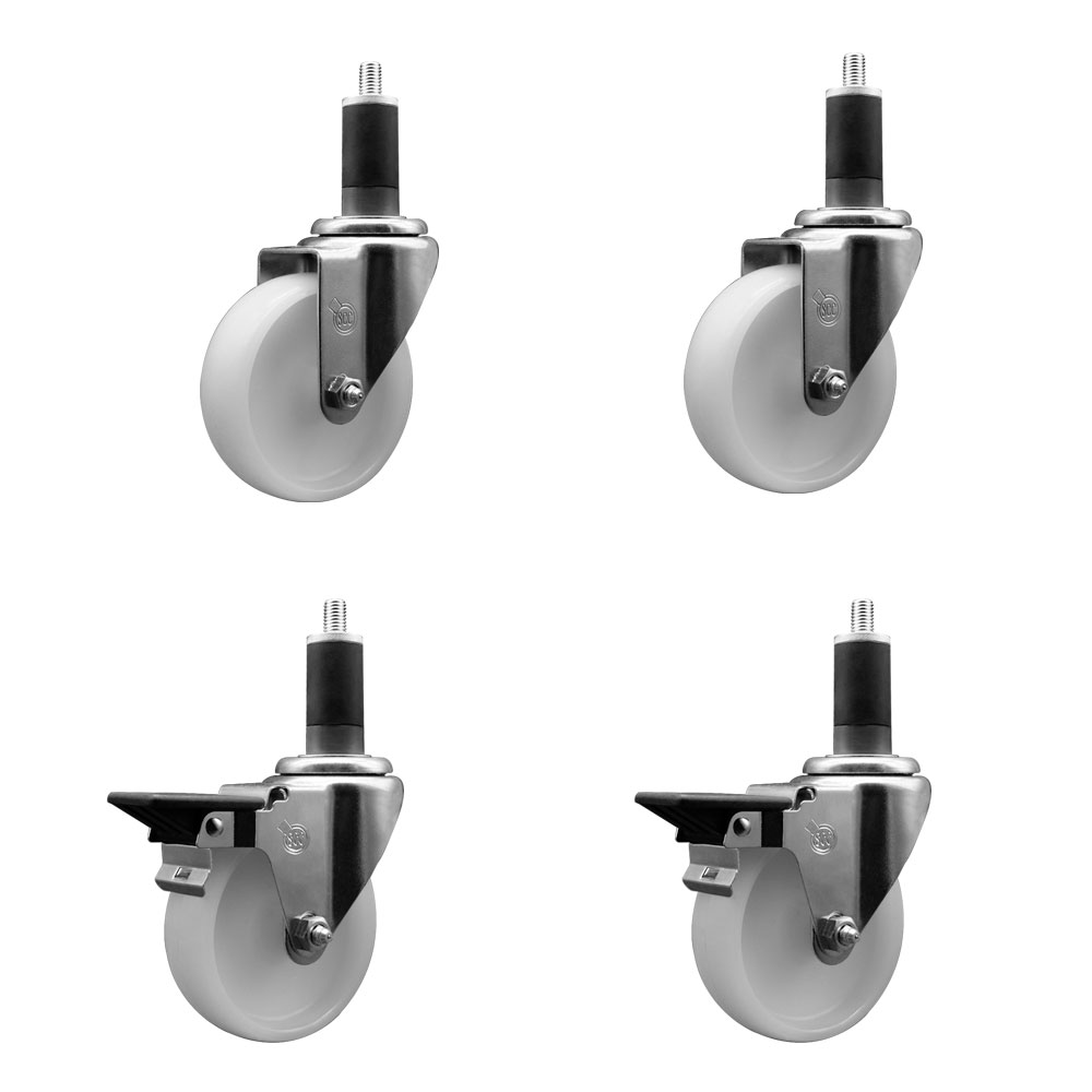 Nylon Swivel Expanding Stem Caster Set of 4 with 4 Inch White Wheel and 1-1/4" Stems  - Includes 2 Swivel with Posi Locking Brakes and 2 Swivel - 1200 lbs. Total Capacity - Service Caster Brand — photo 1