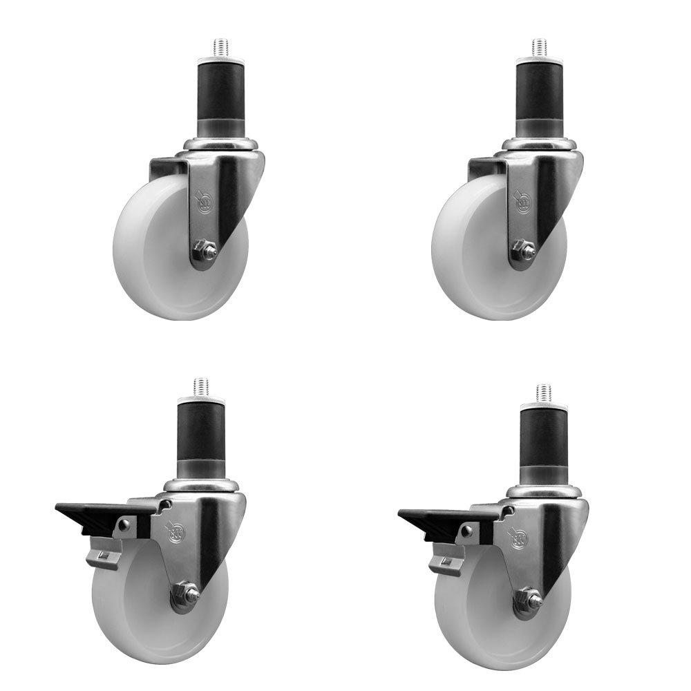 Nylon Swivel Expanding Stem Caster Set of 4 with 4 Inch White Wheel and 1-5/8" Stems  - Includes 2 Swivel with Posi Locking Brakes and 2 Swivel - 1200 lbs. Total Capacity - Service Caster Brand — photo 1