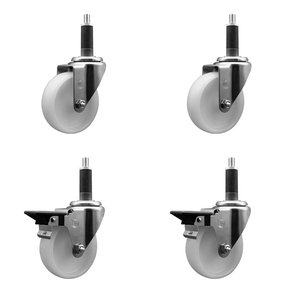 Nylon Swivel Expanding Stem Caster Set of 4 with 4 Inch White Wheel and 1" Stems  - Includes 2 Swivel with Posi Locking Brakes and 2 Swivel - 1200 lbs. Total Capacity - Service Caster Brand — photo 1