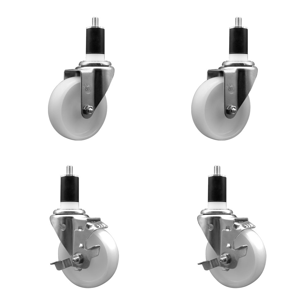 Nylon Swivel Expanding Stem Caster Set of 4 with 4 Inch White Wheel and 1-1/2" Stems  - Includes 2 Swivel with Top Locking Brakes and 2 Swivel - 1200 lbs. Total Capacity - Service Caster Brand — photo 1
