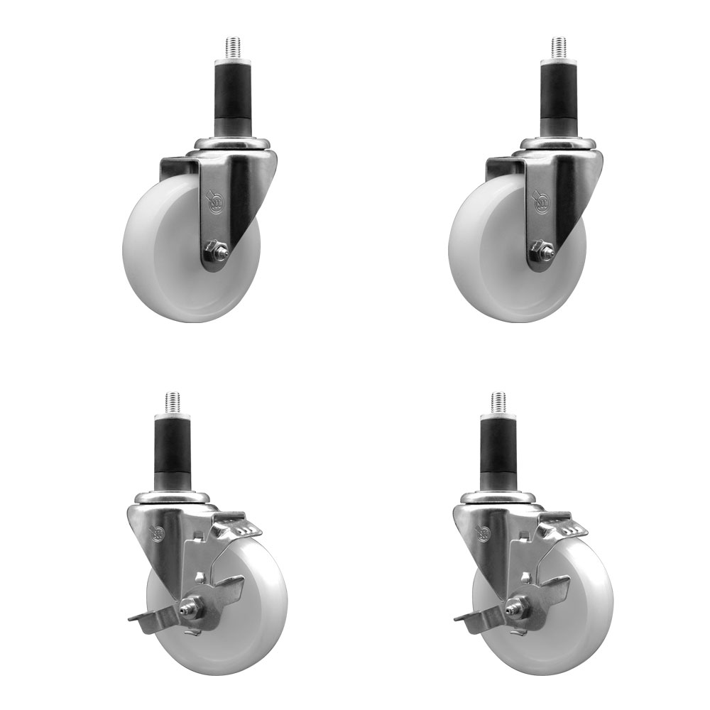 Nylon Swivel Expanding Stem Caster Set of 4 with 4 Inch White Wheel and 1-1/4" Stems  - Includes 2 Swivel with Top Locking Brakes and 2 Swivel - 1200 lbs. Total Capacity - Service Caster Brand — photo 1
