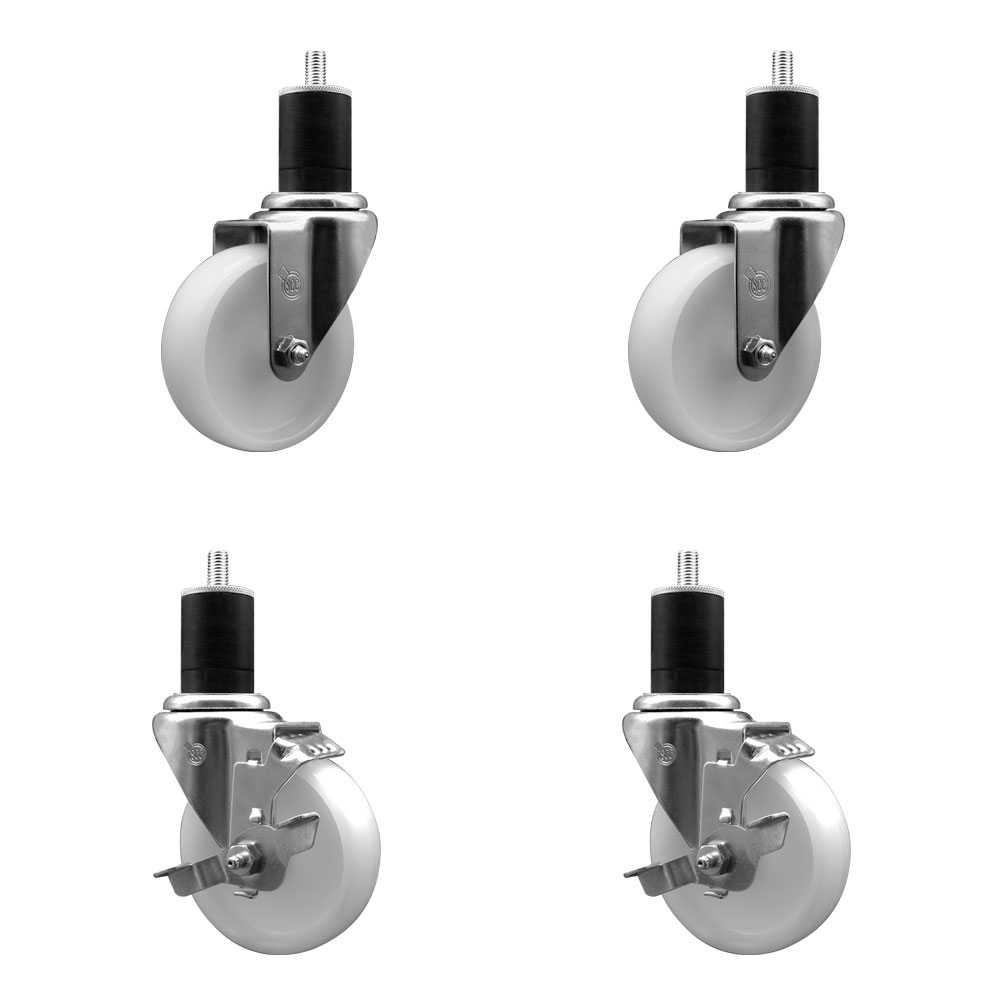 Nylon Swivel Expanding Stem Caster Set of 4 with 4 Inch White Wheel and 1-3/4" Stems  - Includes 2 Swivel with Top Locking Brakes and 2 Swivel - 1200 lbs. Total Capacity - Service Caster Brand — photo 1