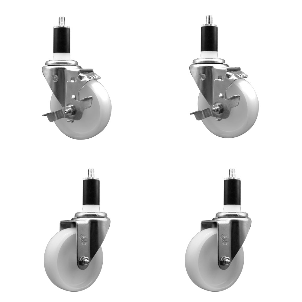 Nylon Swivel Expanding Stem Caster Set of 4 with 4 Inch White Wheel and 1-3/8" Stems  - Includes 2 Swivel with Top Locking Brakes and 2 Swivel - 1200 lbs. Total Capacity - Service Caster Brand — photo 1