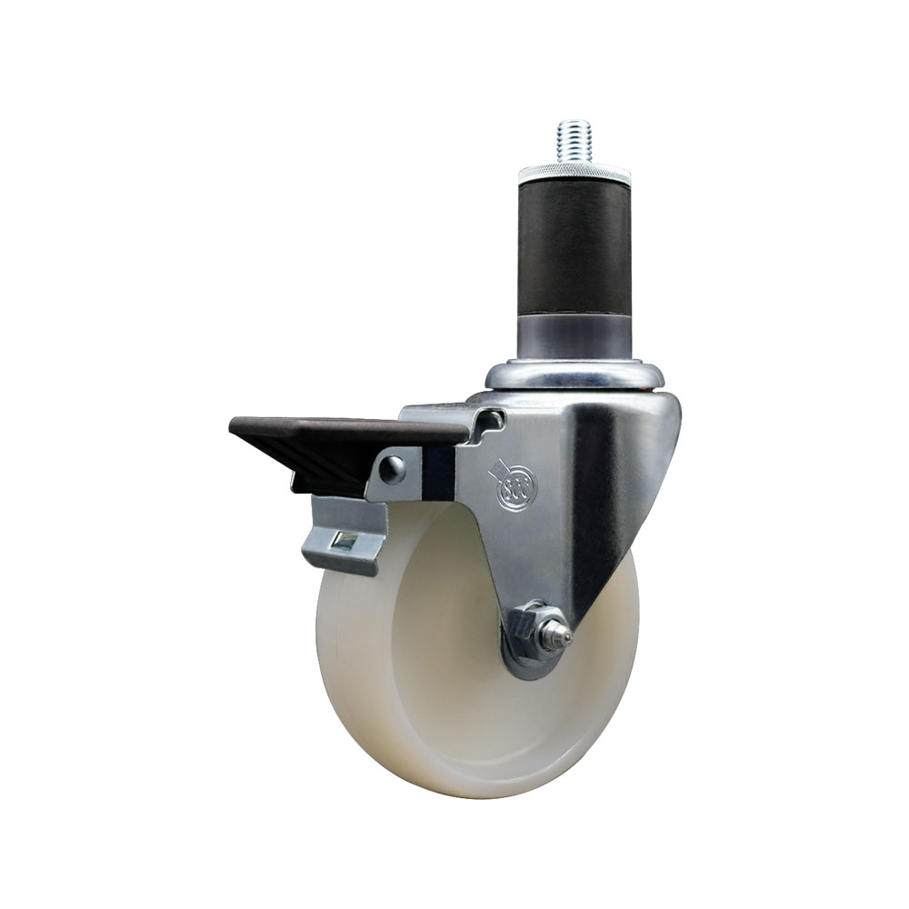 Nylon Expanding Stem Swivel Caster with 4 Inch White Wheel and 1-5/8" Stem & Posi Locking Brake - 300 lbs. Capacity Per Caster - Service Caster Brand — photo 1