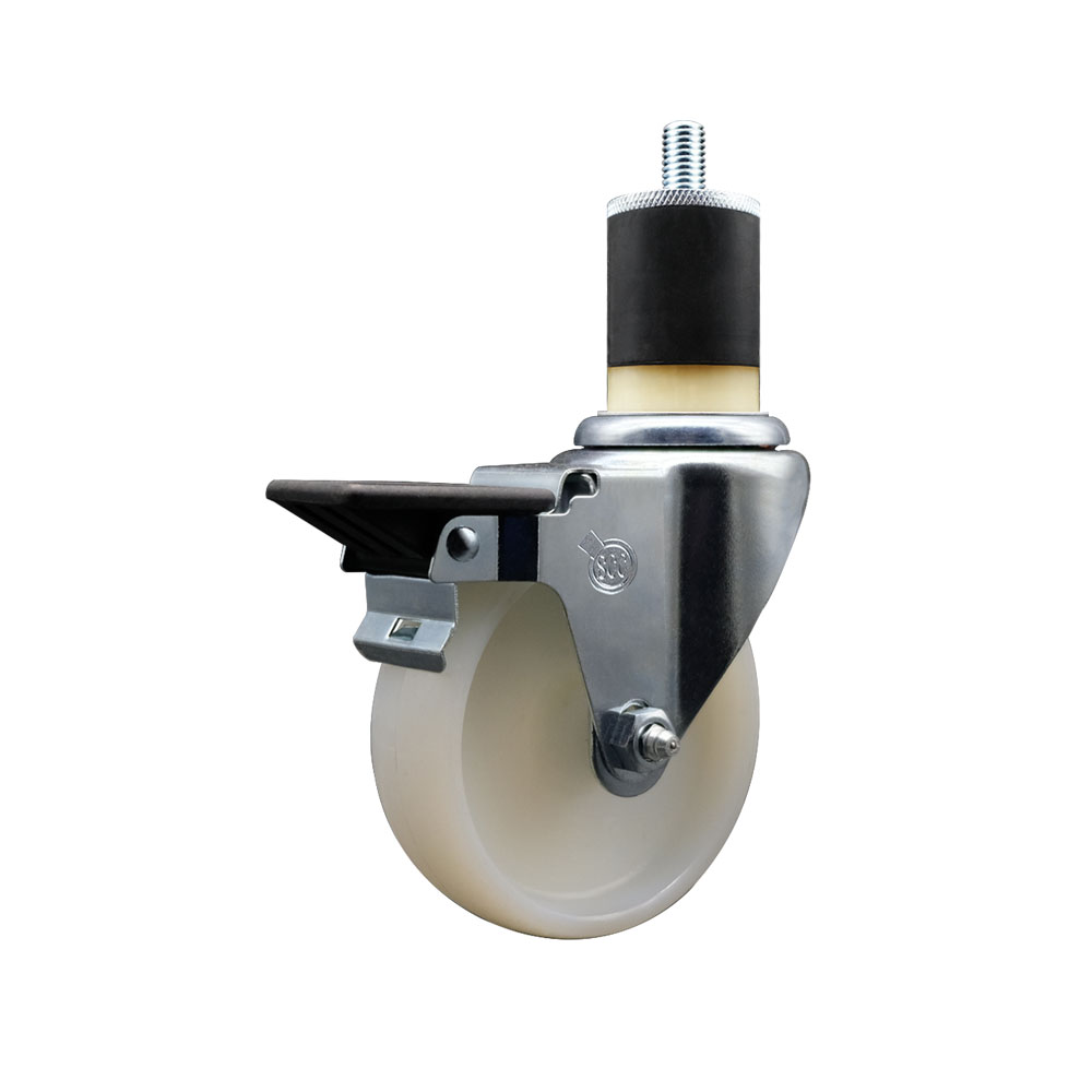 Nylon Expanding Stem Swivel Caster with 4 Inch White Wheel and 1-7/8" Stem & Posi Locking Brake - 300 lbs. Capacity Per Caster - Service Caster Brand — photo 1