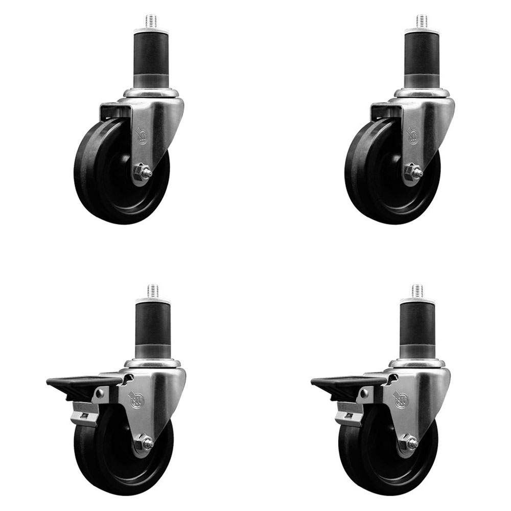 Phenolic Swivel Expanding Stem Caster Set of 4 w/Roller Bearings - 4" x 1.25" Black Wheels and 1-5/8" Stems - Includes 2 with Posi Locking Brakes - 1200 lbs Total Capacity - Service Caster Brand — photo 1