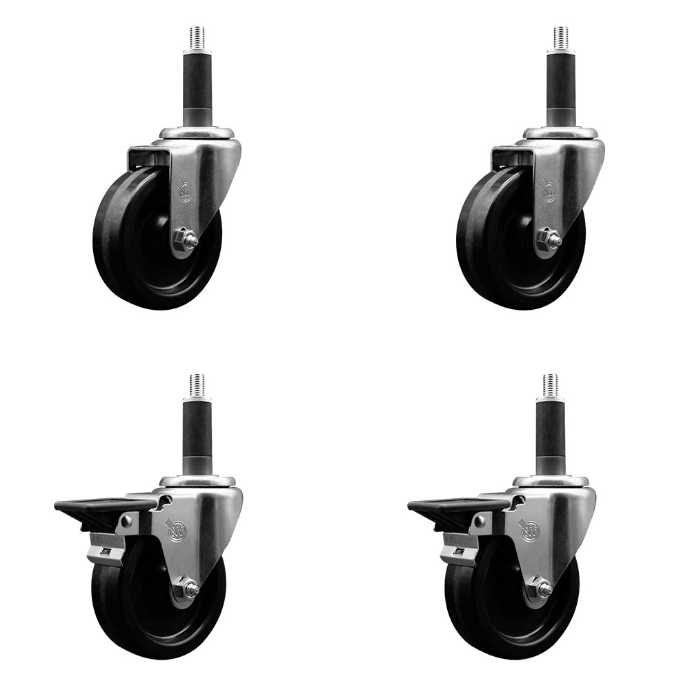 Phenolic Swivel Expanding Stem Caster Set of 4 w/Roller Bearings - 4" x 1.25" Black Wheels and 1" Stems - Includes 2 with Posi Locking Brakes - 1200 lbs Total Capacity - Service Caster Brand — photo 1