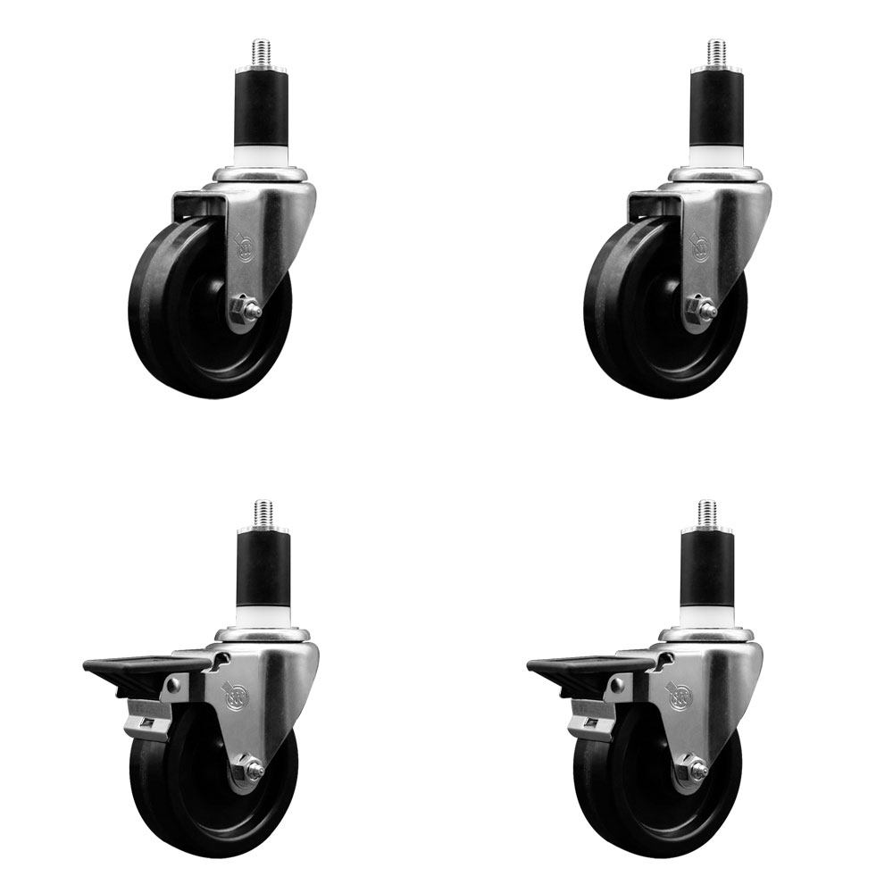 Phenolic Swivel Expanding Stem Caster Set of 4 w/Roller Bearings - 4" x 1.25" Black Wheels and 1-1/2" Stems - Includes 2 with Posi Locking Brakes - 1200 lbs Total Capacity - Service Caster Brand — photo 1