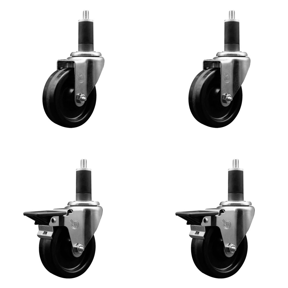Phenolic Swivel Expanding Stem Caster Set of 4 w/Roller Bearings - 4" x 1.25" Black Wheels and 1-1/4" Stems - Includes 2 with Posi Locking Brakes - 1200 lbs Total Capacity - Service Caster Brand — photo 1