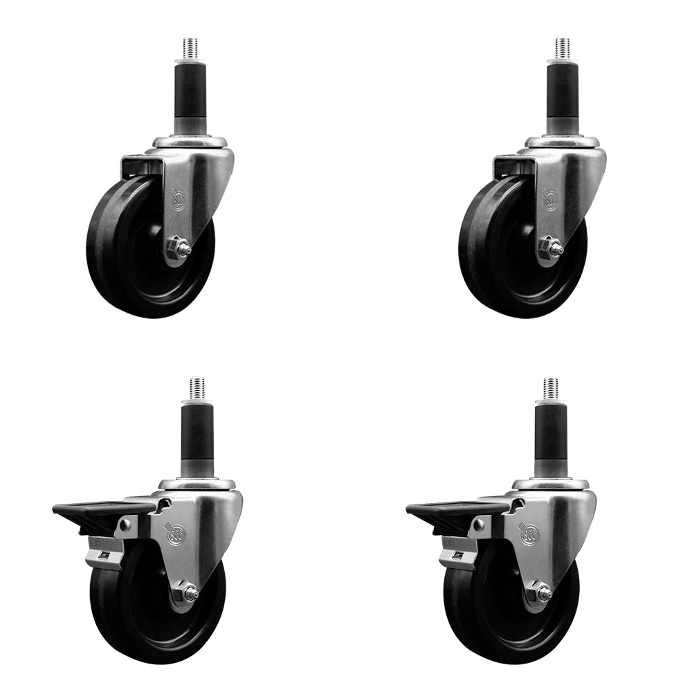 Phenolic Swivel Expanding Stem Caster Set of 4 w/Roller Bearings - 4" x 1.25" Black Wheels and 1-1/8" Stems - Includes 2 with Posi Locking Brakes - 1200 lbs Total Capacity - Service Caster Brand — photo 1