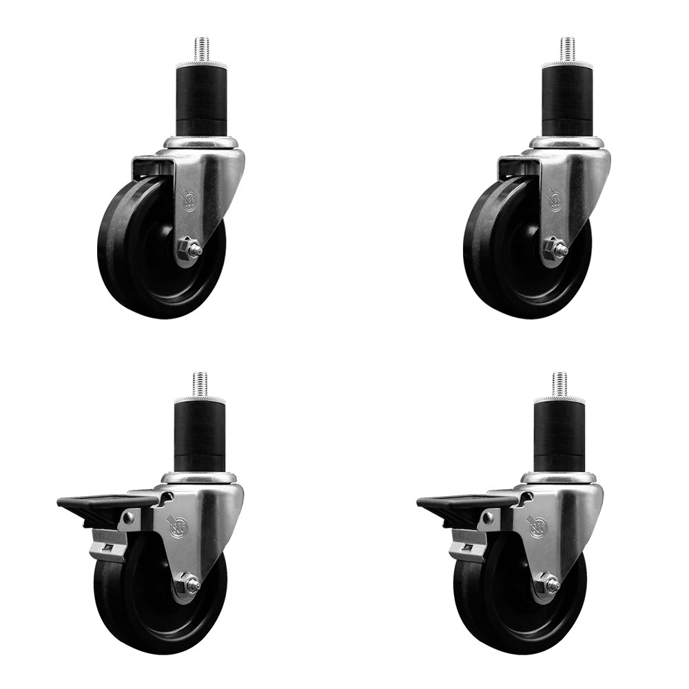 Phenolic Swivel Expanding Stem Caster Set of 4 w/Roller Bearings - 4" x 1.25" Black Wheels and 1-3/4" Stems - Includes 2 with Posi Locking Brakes - 1200 lbs Total Capacity - Service Caster Brand — photo 1