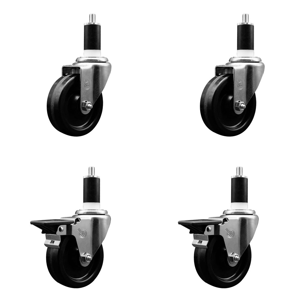 Phenolic Swivel Expanding Stem Caster Set of 4 with 4 Inch Black Wheels and 1-3/8" Stems - Includes 2 with Posi Locking Brakes - 1200 lbs Total Capacity - Service Caster Brand — photo 1