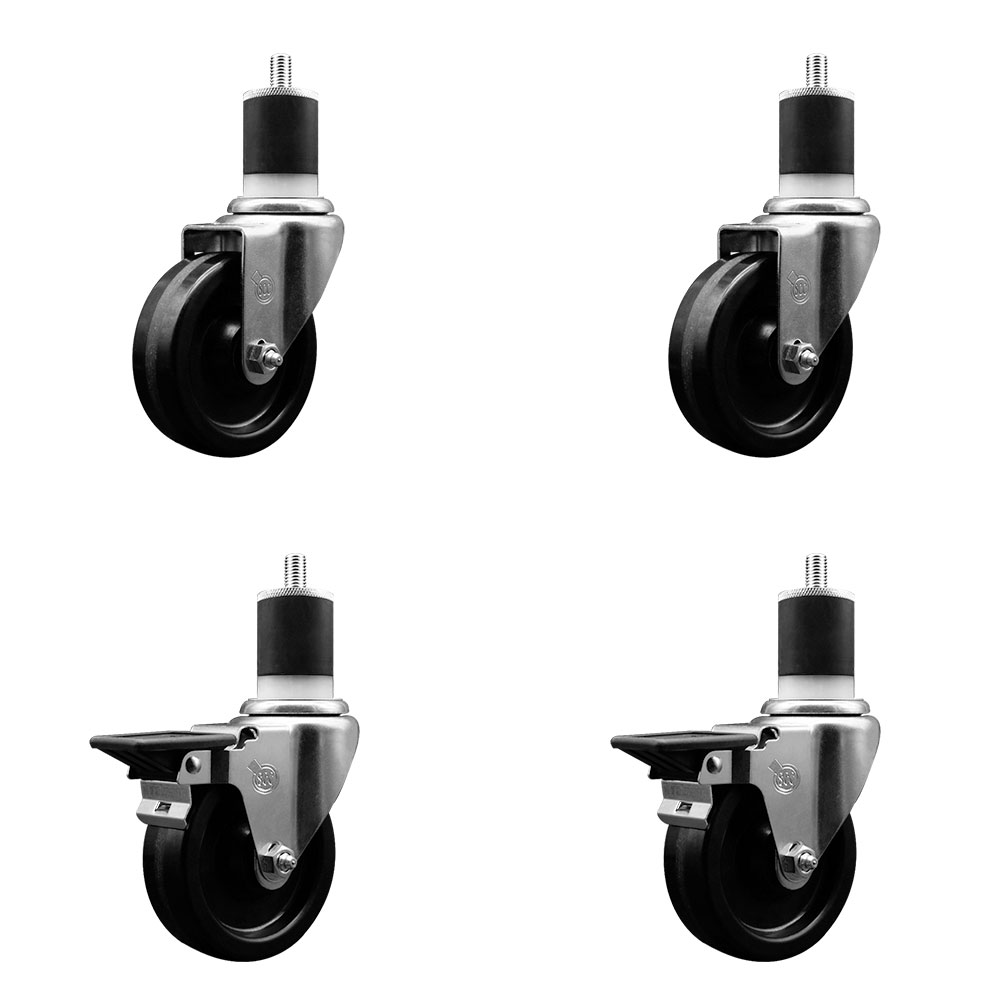 Phenolic Swivel Expanding Stem Caster Set of 4 w/Roller Bearings - 4" x 1.25" Black Wheels and 1-7/8" Stems - Includes 2 with Posi Locking Brakes - 1200 lbs Total Capacity - Service Caster Brand — photo 1
