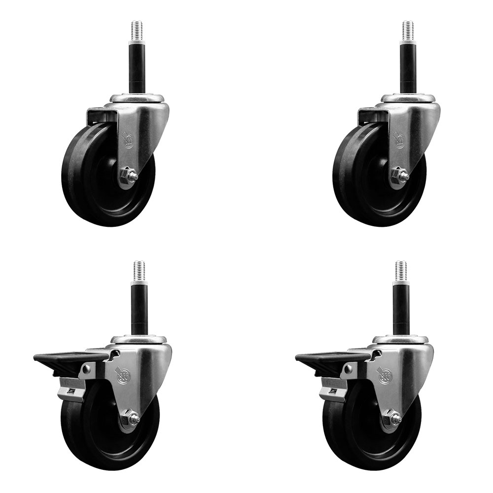 Phenolic Swivel Expanding Stem Caster Set of 4 with 4 Inch Black Wheels and 3/4" Stems - Includes 2 with Posi Locking Brakes - 1200 lbs Total Capacity - Service Caster Brand — photo 1