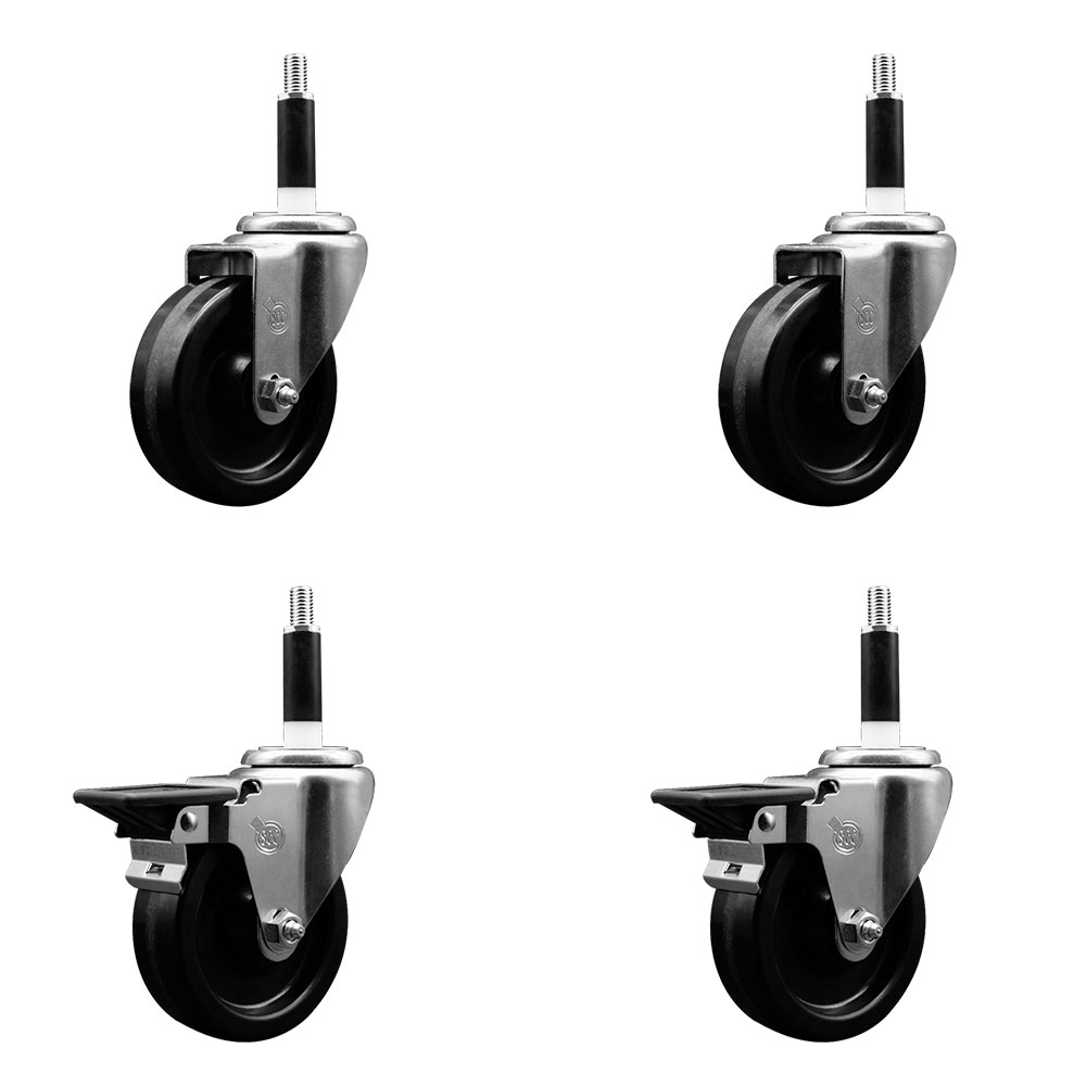 Phenolic Swivel Expanding Stem Caster Set of 4 w/Roller Bearings - 4" x 1.25" Black Wheels and 7/8" Stems - Includes 2 with Posi Locking Brakes - 1200 lbs Total Capacity - Service Caster Brand — photo 1
