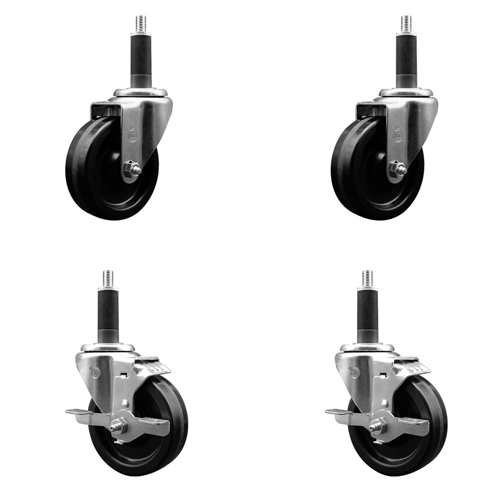 Phenolic Swivel Expanding Stem Caster Set of 4 w/Roller Bearings - 4" x 1.25" Black Wheels and 1" Stems - Includes 2 with Top Locking Brakes - 1200 lbs Total Capacity - Service Caster Brand — photo 1