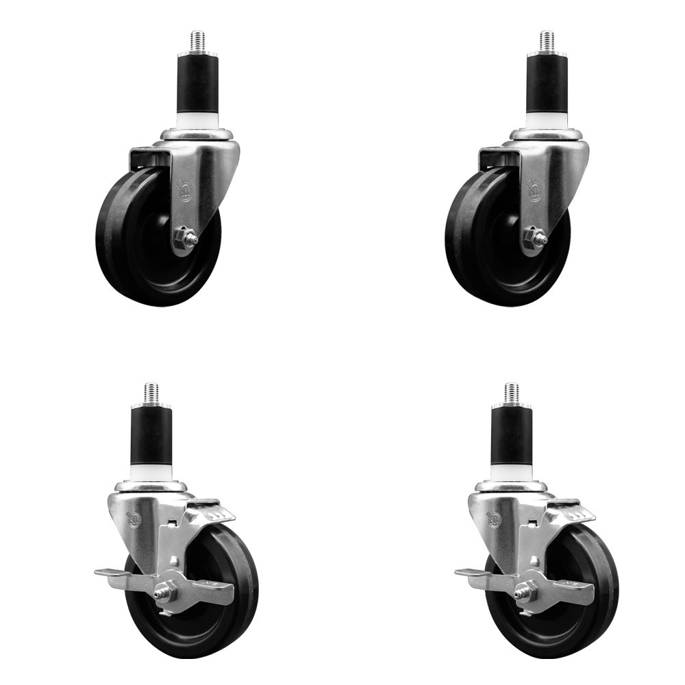 Phenolic Swivel Expanding Stem Caster Set of 4 w/Roller Bearings - 4" x 1.25" Black Wheels and 1-1/2" Stems - Includes 2 with Top Locking Brakes - 1200 lbs Total Capacity - Service Caster Brand — photo 1
