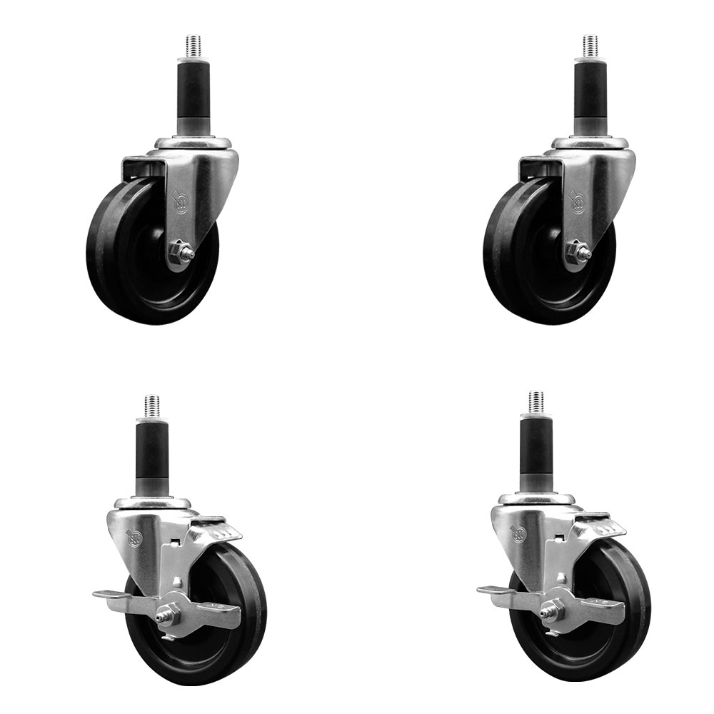 Phenolic Swivel Expanding Stem Caster Set of 4 w/Roller Bearings - 4" x 1.25" Black Wheels and 1-1/8" Stems - Includes 2 with Top Locking Brakes - 1200 lbs Total Capacity - Service Caster Brand — photo 1