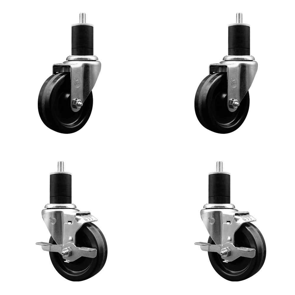 Phenolic Swivel Expanding Stem Caster Set of 4 with 4 Inch Black Wheels and 1-3/4" Stems - Includes 2 with Top Locking Brakes - 1200 lbs Total Capacity - Service Caster Brand — photo 1