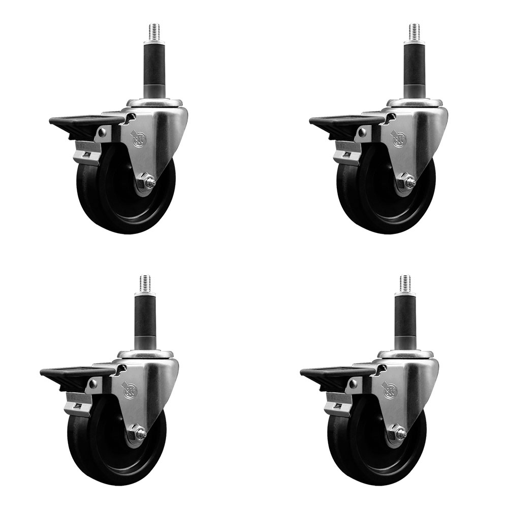 Phenolic Swivel Expanding Stem Caster Set of 4 with Roller Bearings - 4" x 1.25" Black Wheels and 1" Stems - Includes 4 with Posi Lock Brakes - 1200 lbs Total Capacity - Service Caster Brand — photo 1
