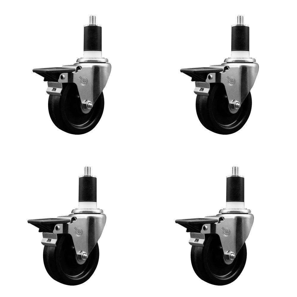 Phenolic Swivel Expanding Stem Caster Set of 4 with Roller Bearings - 4" x 1.25" Black Wheels and 1-1/2" Stems - Includes 4 with Posi Lock Brakes - 1200 lbs Total Capacity - Service Caster Brand — photo 1