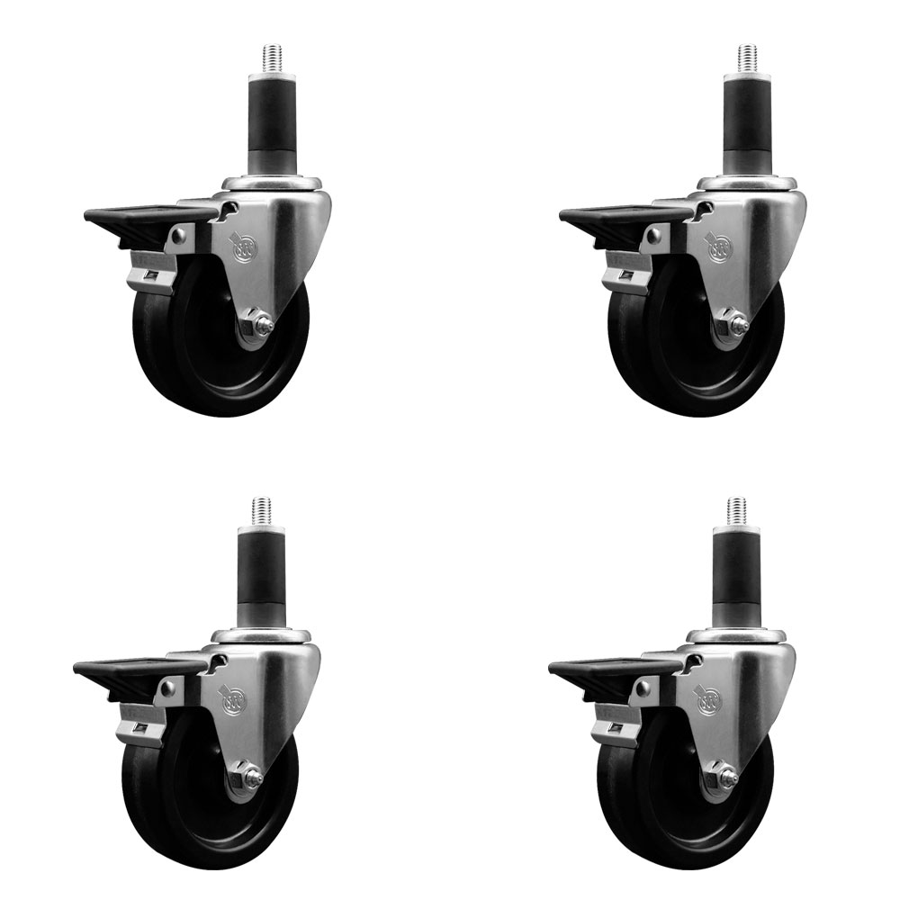 Phenolic Swivel Expanding Stem Caster Set of 4 with Roller Bearings - 4" x 1.25" Black Wheels and 1-1/4" Stems - Includes 4 with Posi Lock Brakes - 1200 lbs Total Capacity - Service Caster Brand — photo 1