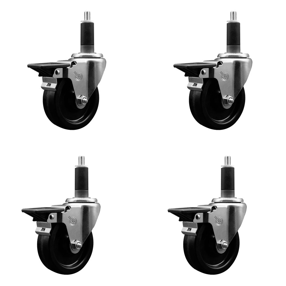 Phenolic Swivel Expanding Stem Caster Set of 4 with Roller Bearings - 4" x 1.25" Black Wheels and 1-1/8" Stems - Includes 4 with Posi Lock Brakes - 1200 lbs Total Capacity - Service Caster Brand — photo 1