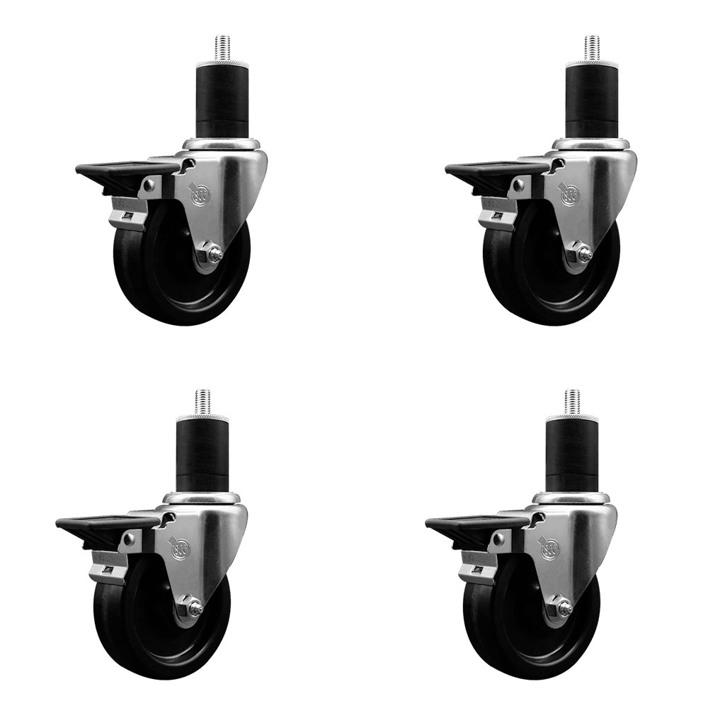 Phenolic Swivel Expanding Stem Caster Set of 4 with Roller Bearings - 4" x 1.25" Black Wheels and 1-3/4" Stems - Includes 4 with Posi Lock Brakes - 1200 lbs Total Capacity - Service Caster Brand — photo 1