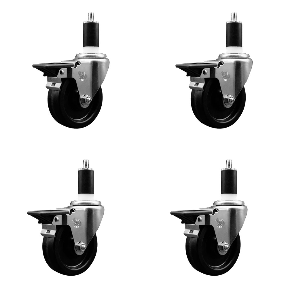 Phenolic Swivel Expanding Stem Caster Set of 4 with Roller Bearings - 4" x 1.25" Black Wheels and 1-3/8" Stems - Includes 4 with Posi Lock Brakes - 1200 lbs Total Capacity - Service Caster Brand — photo 1