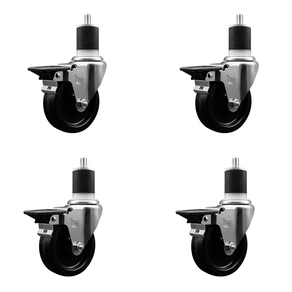Phenolic Swivel Expanding Stem Caster Set of 4 with Roller Bearings - 4" x 1.25" Black Wheels and 1-7/8" Stems - Includes 4 with Posi Lock Brakes - 1200 lbs Total Capacity - Service Caster Brand — photo 1
