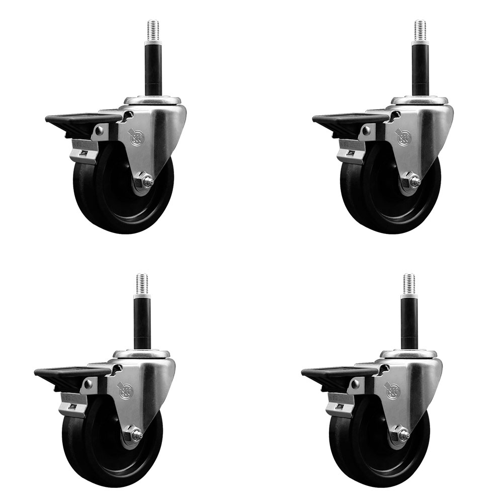 Phenolic Swivel Expanding Stem Caster Set of 4 with Roller Bearings - 4" x 1.25" Black Wheels and 3/4" Stems - Includes 4 with Posi Lock Brakes - 1200 lbs Total Capacity - Service Caster Brand — photo 1
