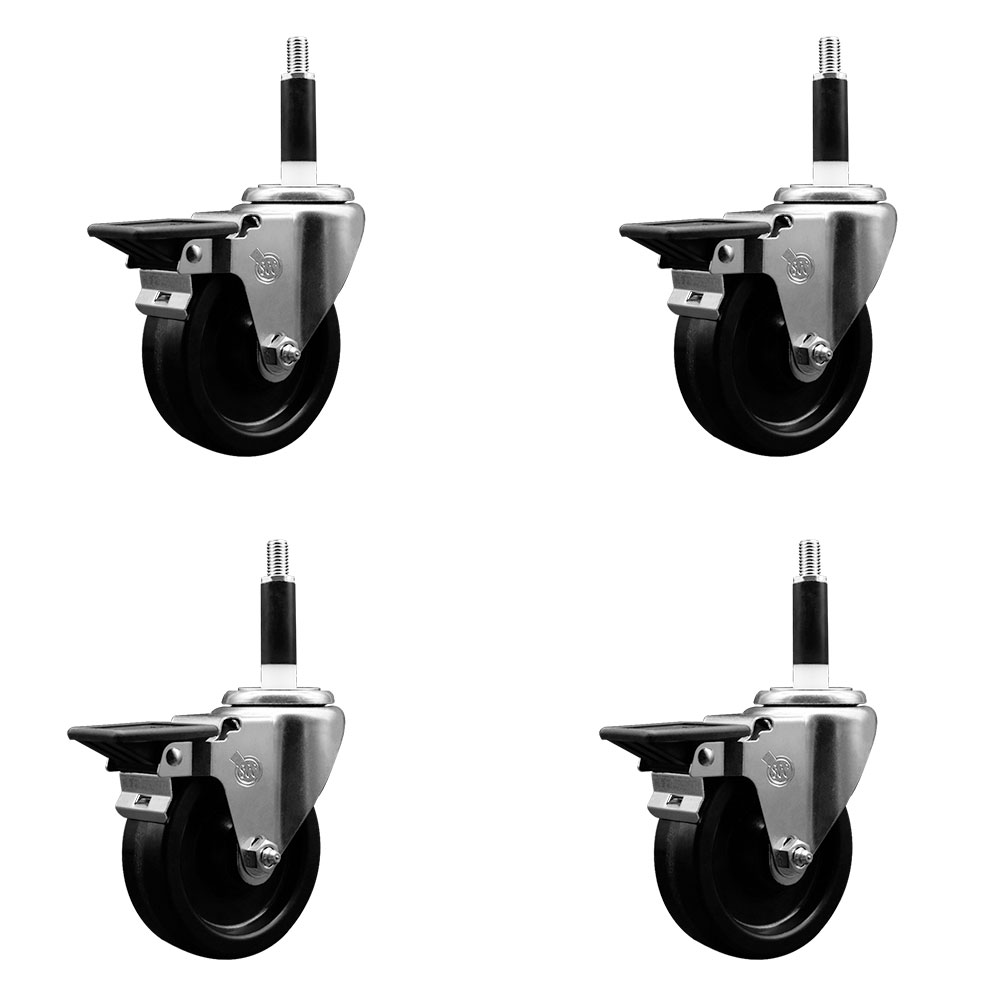 Phenolic Swivel Expanding Stem Caster Set of 4 with Roller Bearings - 4" x 1.25" Black Wheels and 7/8" Stems - Includes 4 with Posi Lock Brakes - 1200 lbs Total Capacity - Service Caster Brand — photo 1