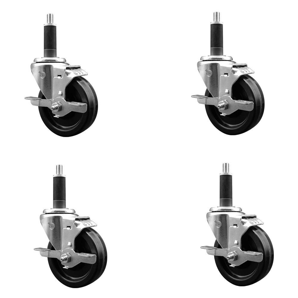 Phenolic Swivel Expanding Stem Caster Set of 4 with Roller Bearings - 4" x 1.25" Black Wheels and 1" Stems - Includes 4 with Top Lock Brakes - 1200 lbs Total Capacity - Service Caster Brand — photo 1