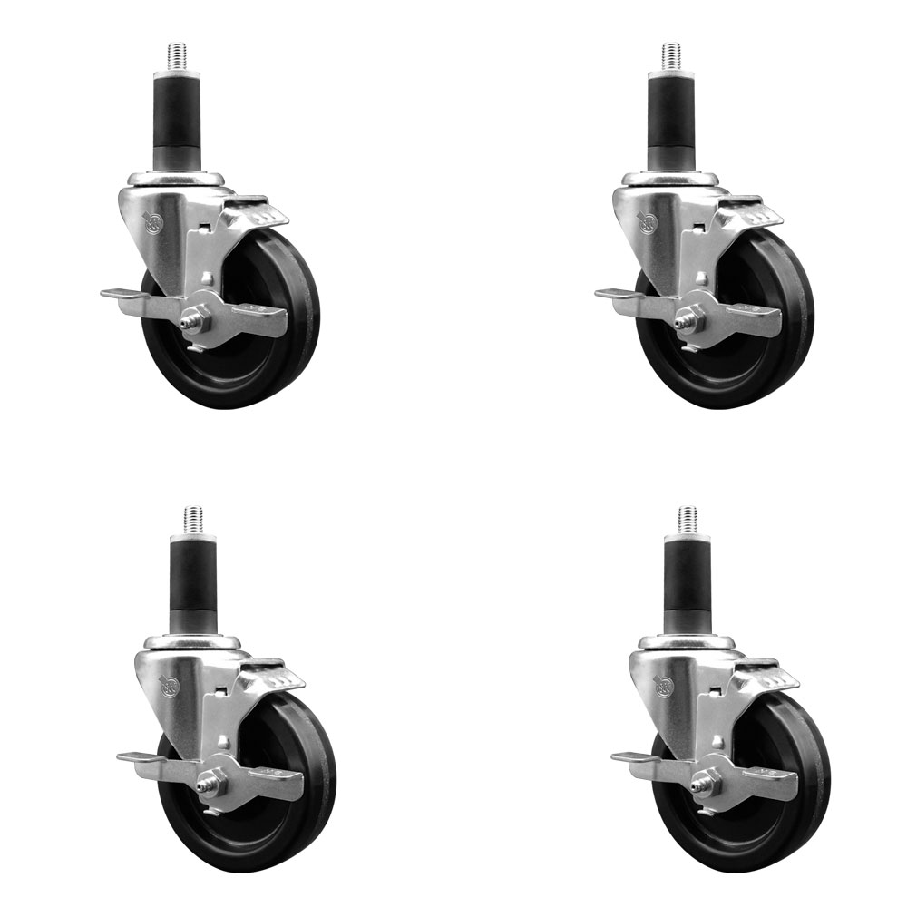 Phenolic Swivel Expanding Stem Caster Set of 4 with Roller Bearings - 4" x 1.25" Black Wheels and 1-1/4" Stems - Includes 4 with Top Lock Brakes - 1200 lbs Total Capacity - Service Caster Brand — photo 1