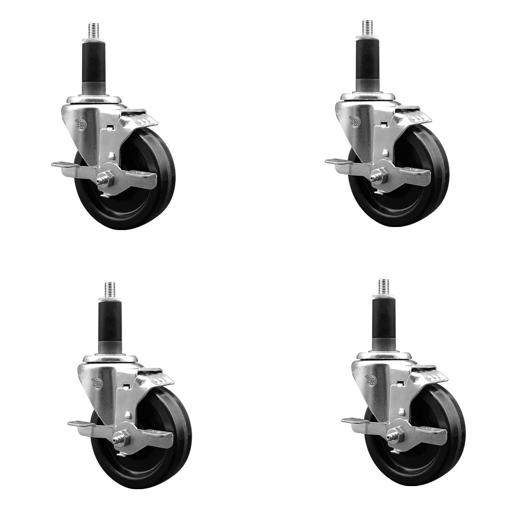 Phenolic Swivel Expanding Stem Caster Set of 4 with Roller Bearings - 4" x 1.25" Black Wheels and 1-1/8" Stems - Includes 4 with Top Lock Brakes - 1200 lbs Total Capacity - Service Caster Brand — photo 1