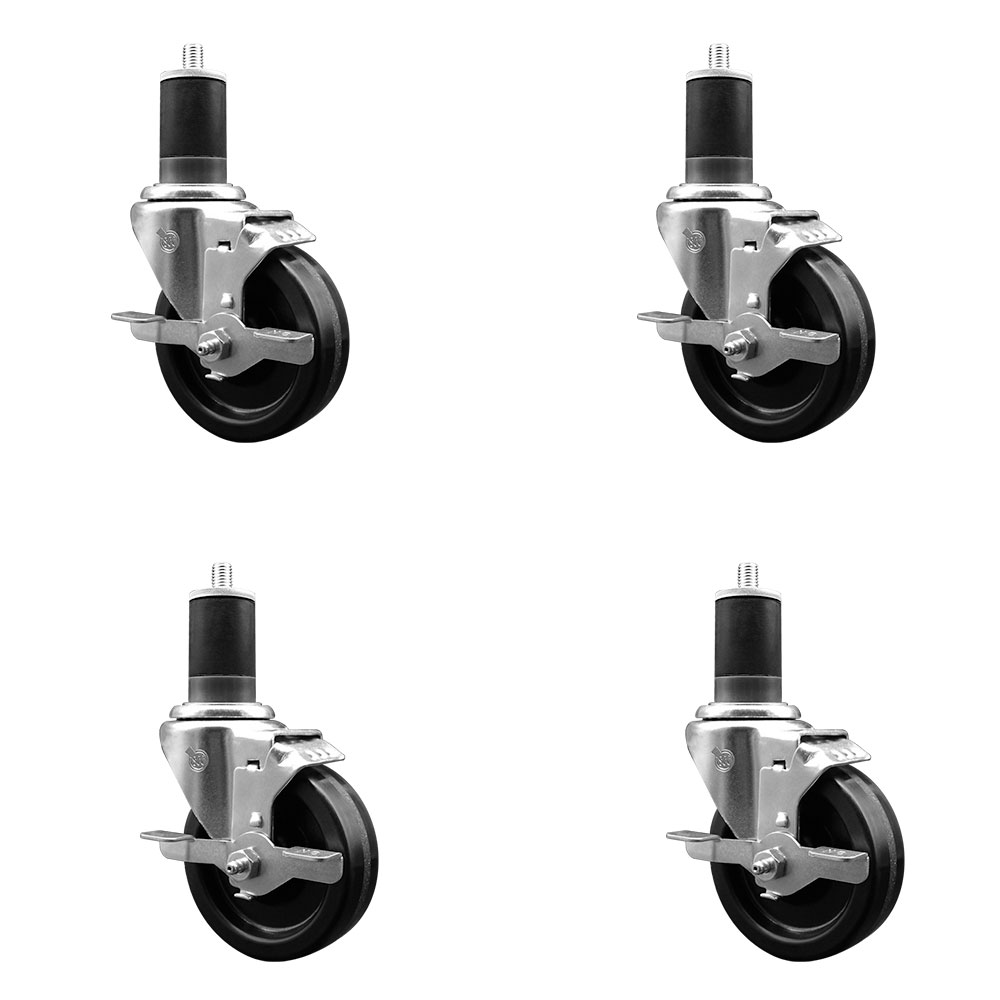 Phenolic Swivel Expanding Stem Caster Set of 4 with Roller Bearings - 4" x 1.25" Black Wheels and 1-5/8" Stems - Includes 4 with Top Lock Brakes - 1200 lbs Total Capacity - Service Caster Brand — photo 1