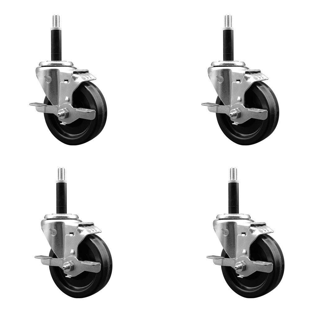 Phenolic Swivel Expanding Stem Caster Set of 4 with Roller Bearings - 4" x 1.25" Black Wheels and 3/4" Stems - Includes 4 with Top Lock Brakes - 1200 lbs Total Capacity - Service Caster Brand — photo 1