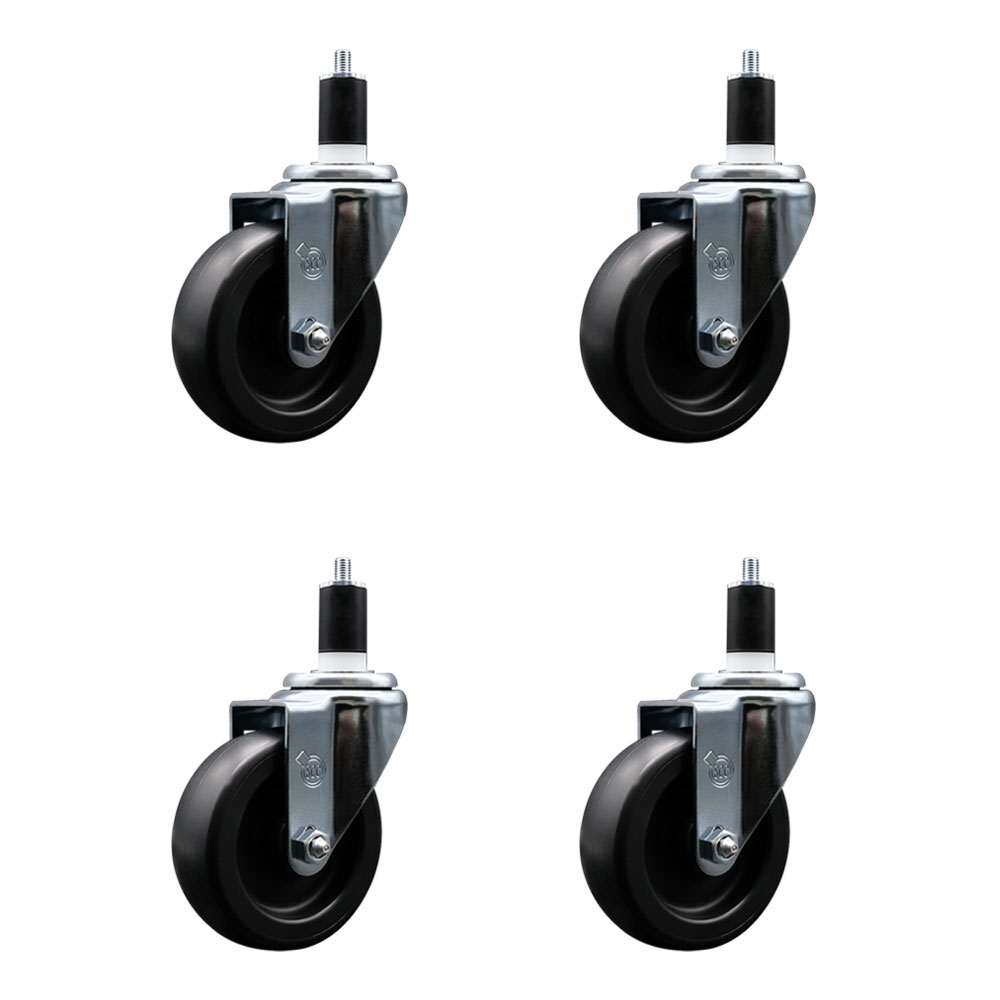 Polyolefin Swivel Expanding Stem Caster Wheels Set of 4 with 4 Inch Black Wheels and 1-1/2" Stems - Includes 4 Swivel - 1400 lbs. Total Capacity - Service Caster Brand — photo 1