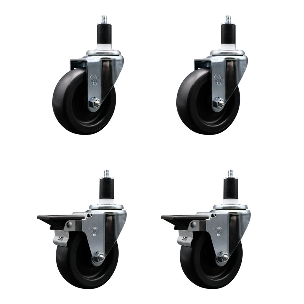 Polyolefin Swivel Expanding Stem Caster Wheels Set of 4 with 4 Inch Black Wheels and 1-1/2" Stems - Includes 2 Swivel with Posi Lock Brakes and 2 Swivel-1400 lbs. Total Capacity - Service Caster Brand — photo 1