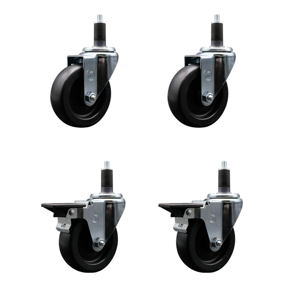 Polyolefin Swivel Expanding Stem Caster Wheels Set of 4 with 4 Inch Black Wheels and 1-1/4" Stems - Includes 2 Swivel with Posi Lock Brakes and 2 Swivel-1400 lbs. Total Capacity - Service Caster Brand — photo 1